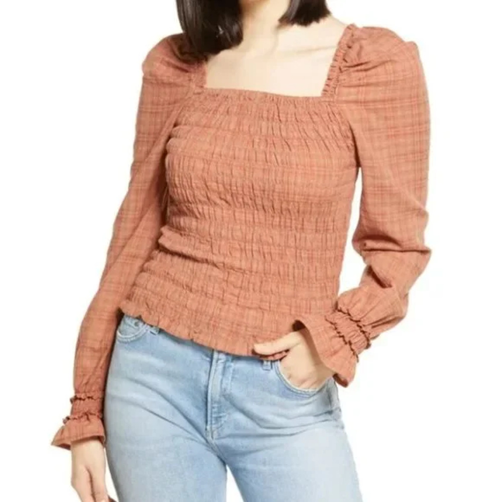 NWT Vero Moda Shirt XS Doro Chutney Orange Smocked Shirred Ruffle Long Sleeve